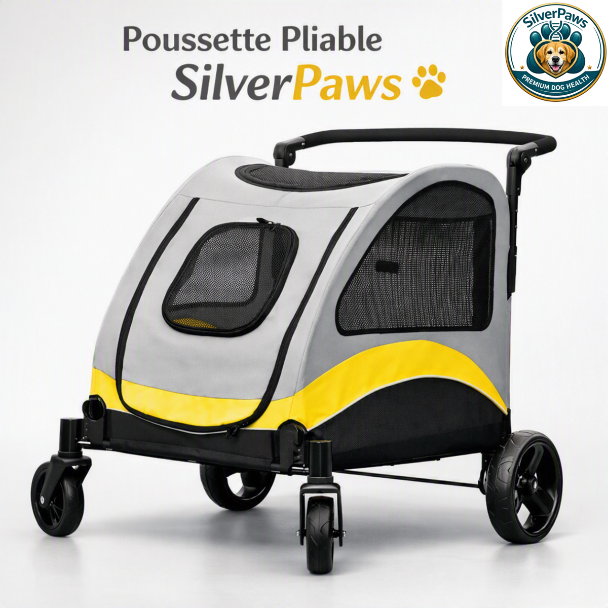 Poussette Pliable SilverPaws™ pour chiens seniors – confort et mobilité