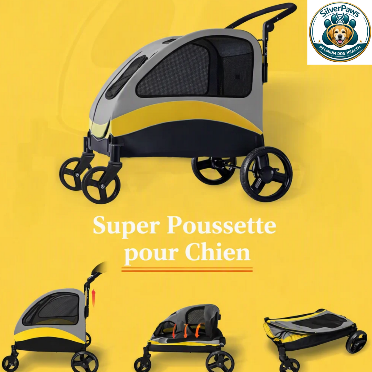 Poussette Pliable SilverPaws™ pour chiens seniors – confort et mobilité
